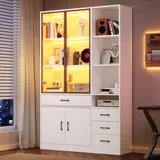 Merax Vitrinenschrank Glasvitrine mit LED, Modern Hochschrank mit Glastüren, 4 Schubladen, Offene Regale, Praktisch Bücherschrank Sammlervitrine Stehend, für Wohnzimmer Büro Esszimmer, 200cm, Weiß