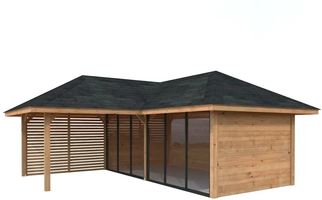 Palmako Pavillon Bianca 24,9 m2 Set 513 Slide Plus mit Isolierglas-Schiebetüren hellbraun tauchgrundiert