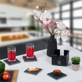 Relaxdays Schiefer Untersetzer 8er Set, Kunstleder-Box, Getränkeuntersetzer, 10x10 cm, Schieferplatte Gläser, anthrazit