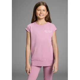 H.I.S. T-Shirt H.I.S "2er Packung Shirts mit modischen Bund für Mädchen", Mädchen, Gr. 140/146, schwarz (schwarz, rosa), Jersey, Obermaterial: 95% Baumwolle, 5% Elasthan, bedruckt, Basic hüftlang, Rundhals, angeschnitten Aufschlag, Shirts T-Shirt, Für TEENS.