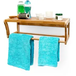 Relaxdays Wandregal mit Handtuchstange, HxBxT:20x60x26cm, Bambus, Wandmontage, Handtuchhalter, natur