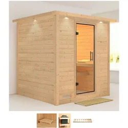 Sauna KARIBU "Menja", beige (naturbelassen), ohne Ofen, (ohne Ofen), Saunen, ohne Ofen