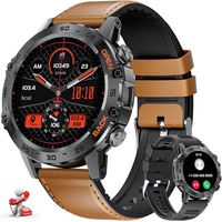 Lige Smartwatch (1,39 Zoll, Android iOS), Fitnessuhr Herren mit Lederband Militär 100 Sportmodi Fitnessuhr IP67 - Schwarz