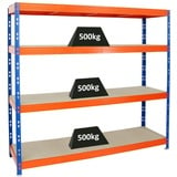 PROREGAL Profi Schwerlastregal RHINO | HxBxT 180x200x60cm | 4 Spanplatten-Ebenen 8mm | Fachlast 500kg | Blau/Orange | Stecksystem Lagerregal