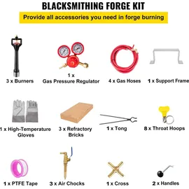Vevor Gas schmiedeofen 1350 °C, Brenner Schmiede 15 L, Schmiedeofen drei Brenner Zweitürig Auskleidung mit Aluminiumsilikatfaser, Metallschmiede Max. Leistung 230,4 kWh / 786.000 Btu, Gasdruckregler