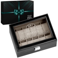 Maverton Uhrenbox mit Gravur für 12 Uhren - 30x20x8cm - Uhrenkasten aus Kunstleder - Schwarz - Geschenk für Männer - Uhr