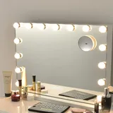 RELAX4LIFE Schminkspiegel mit 15 LEDs, Kosmetikspiegel mit 3 einstellbaren Lichtmodi, Bluetooth & USB, Spiegel mit Basis & 10-fachem Vergrößerungsspiegel, Touch-Steuerung, Hollywood Stil, 58 x 48 cm