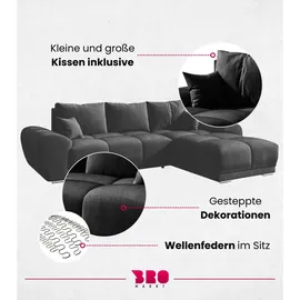 bromarkt Ecksofa NUBES Schlaffunktion Bettkasten L-Form 298x184x85cm Graphit - Grau