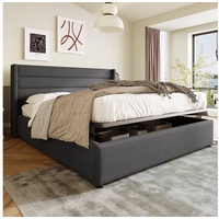 PHOEBE CAT Boxspringbett (Funktionsbett, Doppelbett Hydraulisches Bett mit Lattenrost), Polsterbett Stauraumbett 160x200 cm, Lattenrost aus Holz, Leinen grau 173.5 cm x 214.5 cm