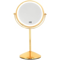 Yarhom Vergrößerungsspiegel mit Lichtern für Make-up-Schreibtisch, 1 x/10 x doppelseitiger Kosmetikspiegel, runder Tischspiegel mit Ständer (Luxusgold,10X Vergrößerung,Mit Licht)