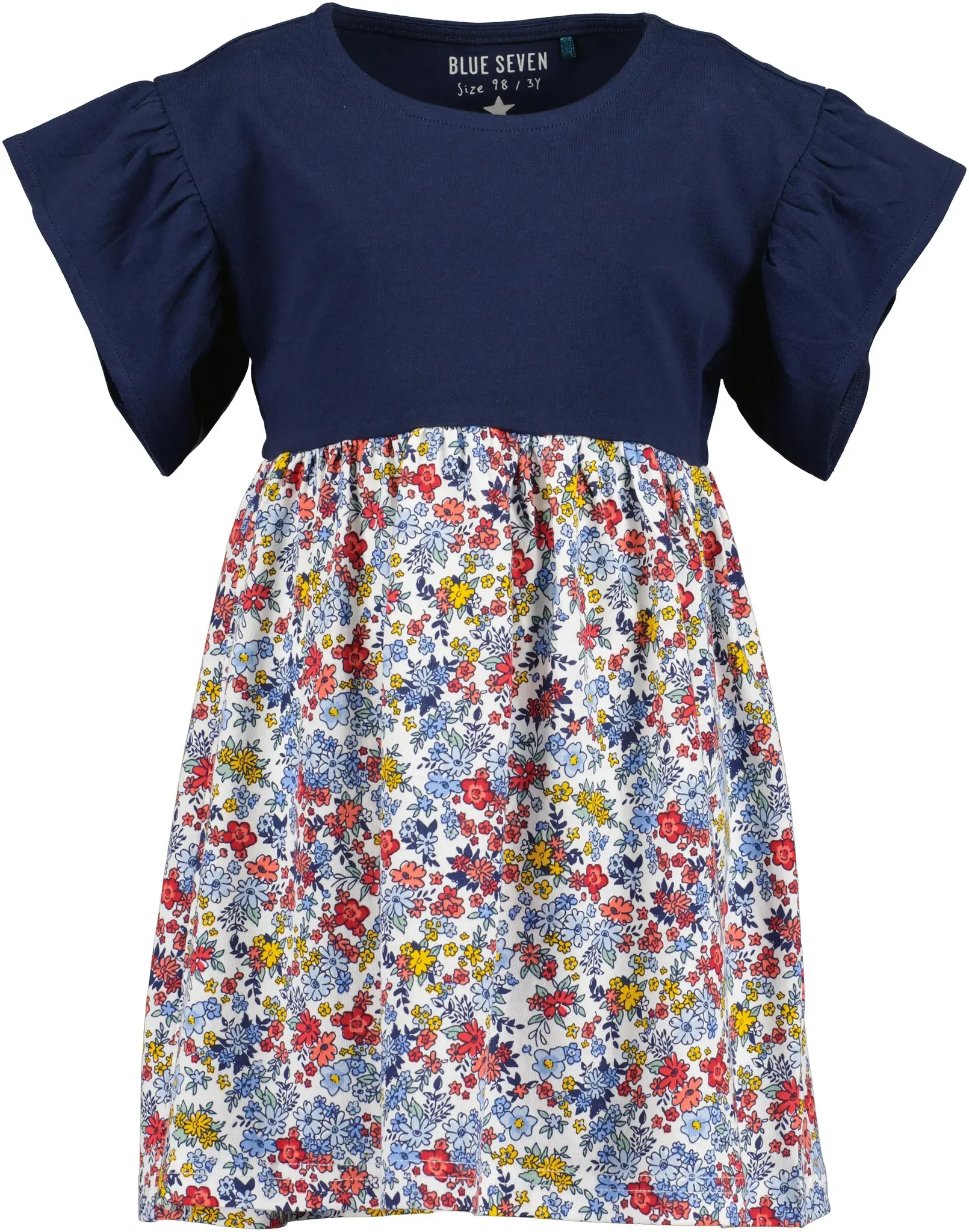 Sommerkleid BLUE SEVEN, Mädchen, Gr. 116, N-Gr, bunt (ultramarin), Jersey, Obermaterial: 100% Baumwolle, bedruckt, geblümt, unifarben, regular fit, Rundhals, Volant, Kleider Sommerkleid, mit tollen Rüschen an den leicht überschnittenen Schultern
