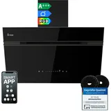 KKT KOLBE A+++ Dunstabzugshaube 80 cm 782 cbm/h Umluft Abluft Kopffrei Wandhaube | Schwarz | Glas | Nachlaufautomatik | Smart WiFi App WLAN | SensorTouch | RGBW LED-Beleuchtung | AURORA8005FB