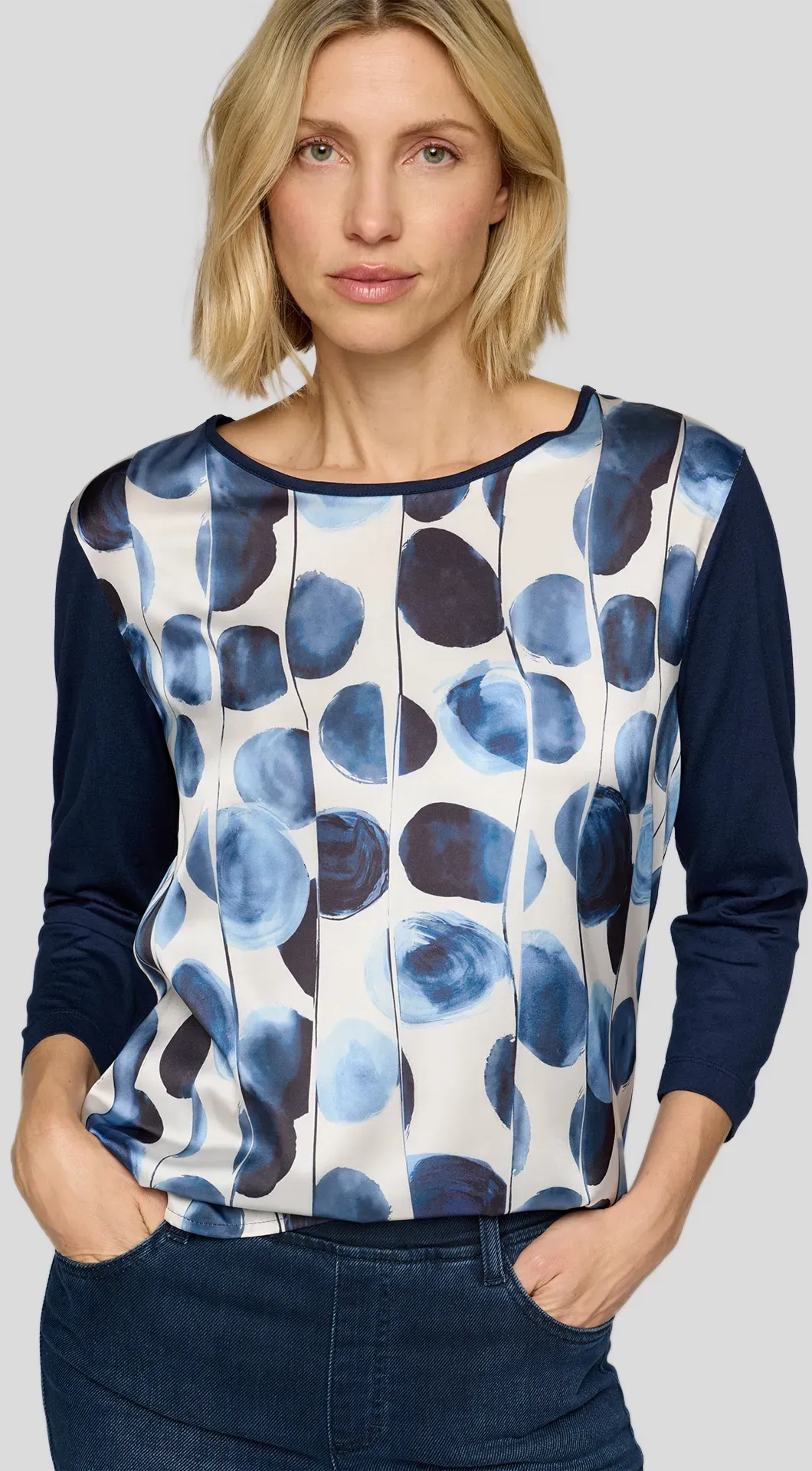 3/4-Arm-Shirt RABE, Damen, Gr. 46, pazifik, Web, Obermaterial: 92% Viskose, 8% Elasthan, bedruckt, regular fit taillenbedeckt, U-Boot-Ausschnitt, Shirts 3/4-Arm-Shirt, mit Front-Print