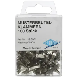 Wedo 1125901 Musterbeutelklammern (Flachkopf 590-4 in SB-Klarsichtdose, 100 stück) silber