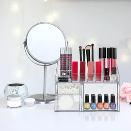 Relaxdays Make Up Organizer, 14 Fächer & 3 Schubladen, Nagellack, Lippenstfit, Kunststoff, Schminkorganizer, transparent,