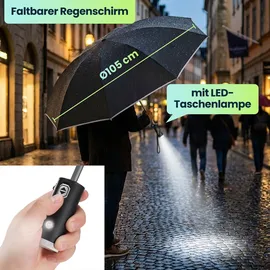 shop'n smile ideoon Faltbarer Regenschirm mit LED-Taschenlampe, Ø105 cm, schwarz: Ein perfekter Allwetter-Begleiter für Dunkelheit & Regenschauer