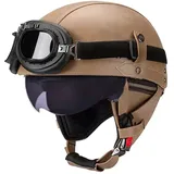 Vintage Deutsch Leder Motorrad Halbhelm, ECE-geprüft Männer Frauen Halbschalenhelme mit Schutzbrille und Visier, Retro Offener Schutzhelm für Fahrrad Cruiser Scooter Chopper