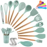 TOPSEAS Kochbesteck Küchenhelfer Set,14er Küchenutensilien silikon,Antihaftes Hitzebeständiges Küchenhelfer Set mit Holzgriff,1Aufbewahrungsbehälter,Messlöffel Set,13 S-Haken,5 Löffel,1 Löffel Pad