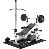 GORILLA SPORTS® Kraftstation - Hantelbank mit verstellbare Hantelablage, Latzugturm, Butterfly, Curlpult, Beincurler und 100 kg Hantelset - Trainingsbank, Fitnessstation, Trainingsstation