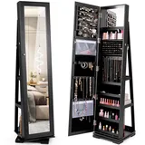 COSTWAY Schmuckschrank, Spiegelschrank mit Ganzkörperspiegel und eingebautem Make-up-Spiegel, 360° drehbar, abschließbar, stehend, Schmuckaufbewahrung, Schmuck-Organizer mit Schlüsseln (Schwarz)