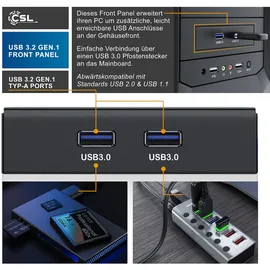 CSL USB 3.2 Gen.1 Front Panel aus Metall, interner Cardreader, Speicherkartenleser, bis zu 5 Gbit/s, 5 Schnittstellen, schwarz