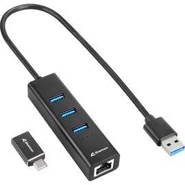 Sharkoon 3-Port USB 3.2 Gen 1 Alu Hub schwarz, RJ-45, USB-A 3.0/USB-C 3.0 [Stecker] (4044951037575)