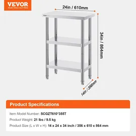 Vevor Arbeitstisch Edelstahl 356 x 610 x 864 mm Silber