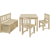 Bomi Kindertisch Anna mit 2 Stühle und Spielzeugkiste | Kindertruhenbank aus FSC nachhaltigem Kiefer Massiv Holz für Kinder | Kindersitzgruppe unbehandelt Mädchen und Jungen