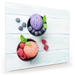 Primedeco Glasbild Wandbild Heidelbeere und Erdbeereis mit Aufhängung, Süsses lila 60 cm x 50 cm