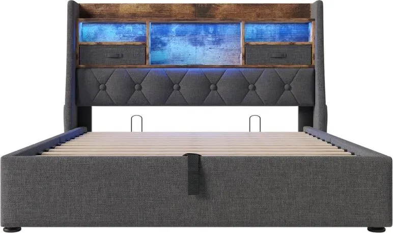Polsterbett 160x200 cm mit Hydraulischem Stauraum & LED-Kopfteil, 4 Ladestation (USB/Type-C), Doppelbett Inkl. Lattenrost, Grauer Leinenstoff (Ohne Matratze)