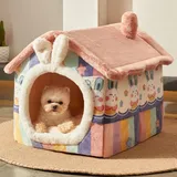Jiupety Hundehöhle Kleine Hunde mit süßen Hasenohren, Hundehütte Indoor für Kleine Hunde, Hundehaus für Drinnen, Größe L Hundebett mit Dach, Rainbow Bunny