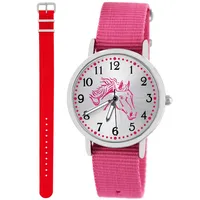 Pacific Time Kinder Armbanduhr Mädchen Junge Pferd Kinderuhr Set 2 Textil Armband rosa + rot analog Quarz 10567