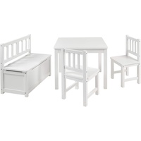 Bomi Kindertisch mit 2 Stühle Anna mit integrierter Spielzeugkiste | Kindertruhenbank aus FSC nachhaltigem Kiefer Massiv Holz | Kindersitzgruppe für Kleinkinder, Mädchen und Jungen Weiß