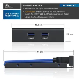 CSL USB 3.0 2-Port Frontpanel für 3,5" Laufwerkschächte - 2x USB 3.0 Buchse Typ A | bis zu 5Gb/s - Schwarz