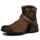 Western-Cowboystiefel für Herren, Stickerei, quadratische Zehenpartie, mittlere Wade, Moto-Stiefel für Herren, Western-Cowboy-Mode, seitlicher Reißverschluss, Leder, Chukka-Schuhe, Braun, 10.5 - 44 EU