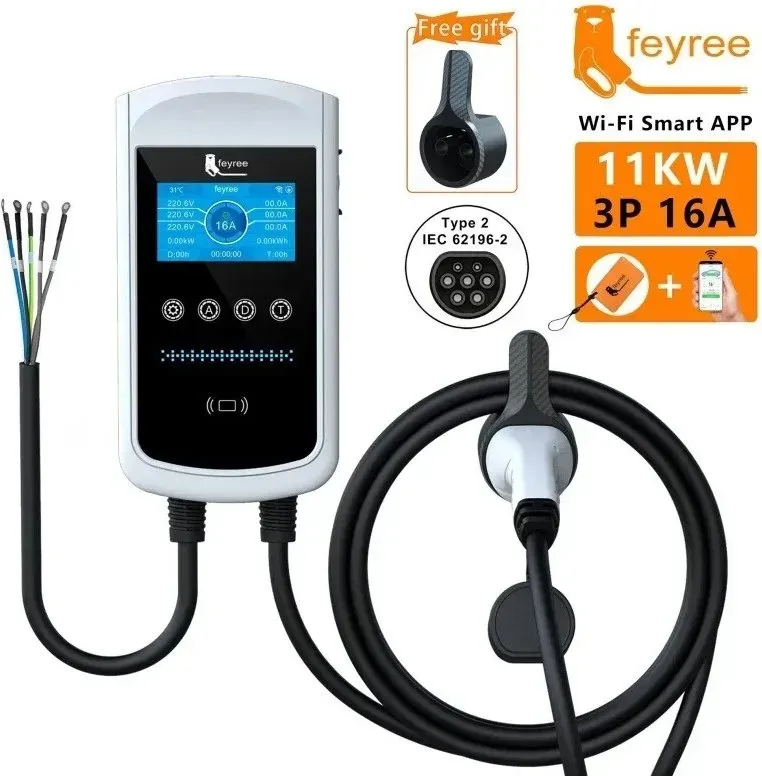 feyree Type2 EV-Ladestation 16A, 11kW, 3-Phasen Kfz-Ladegerät, EVSE Wallbox, 4,3-Zoll-Display, Smart-App-Steuerung