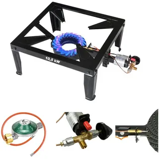 Bluecraft 4-Bein Gas-Hocker-Kocher mit Zündsicherung Piezozündung inkl.Gasschlauch und Ga...
