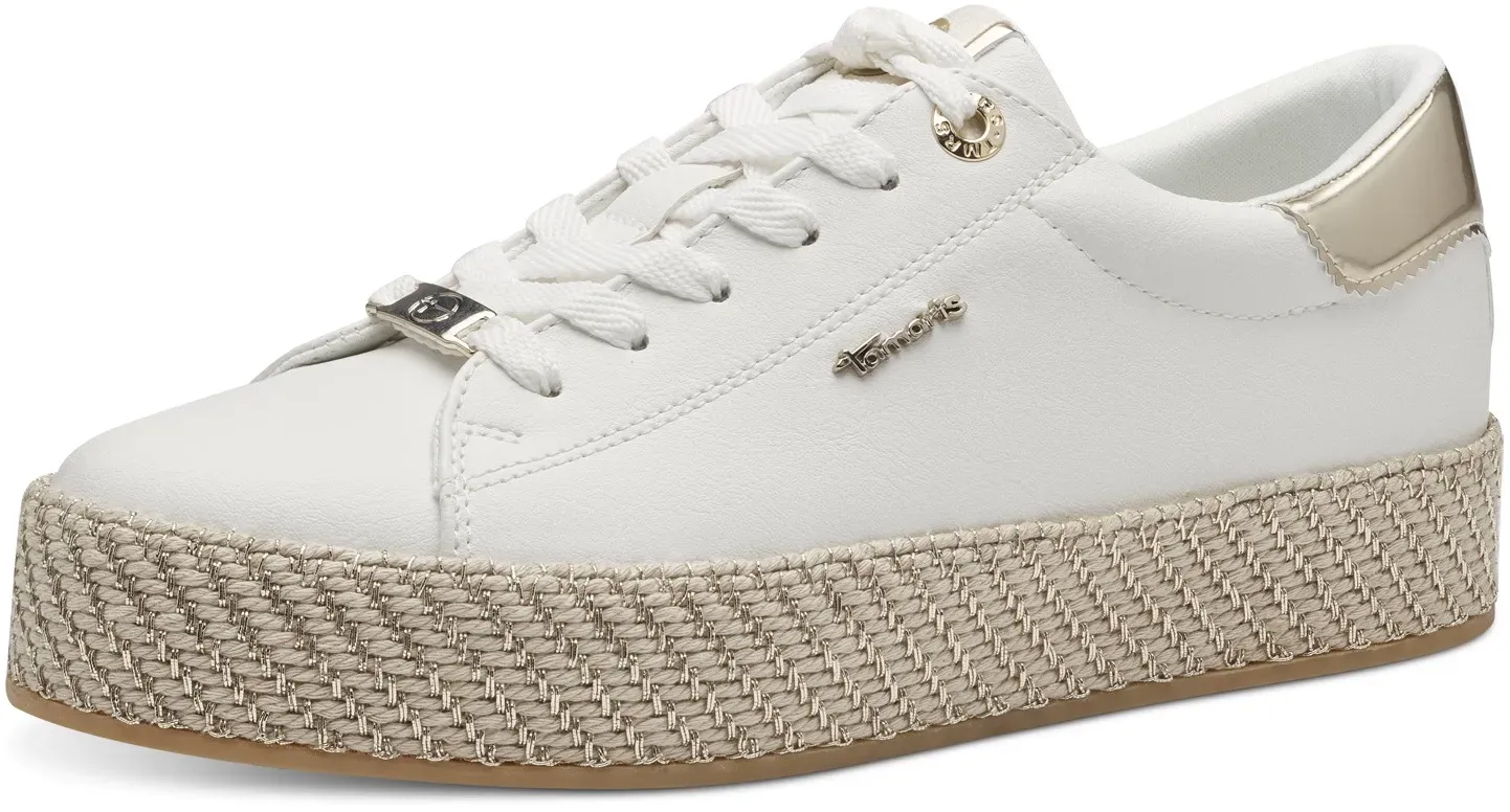 Plateausneaker TAMARIS, Damen, Gr. 38, gold (weiß, goldfarben), Lederimitat, glänzend, unifarben mit Farbeinsatz, Schuhe Plateausneaker, Freizeitschuh, Halbschuh, Schnürschuh mit Textilkordel am Plateau