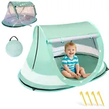 XIUWOUG Strandmuschel Baby uv Schutz 50, Pop up Strandzelt als Sonnenschutz für den Strand, 360° Moskitonetz Zelt, Inklusive Tragetasche für Reisen und Camping, Geeignet für Sand und Rasen,Grün