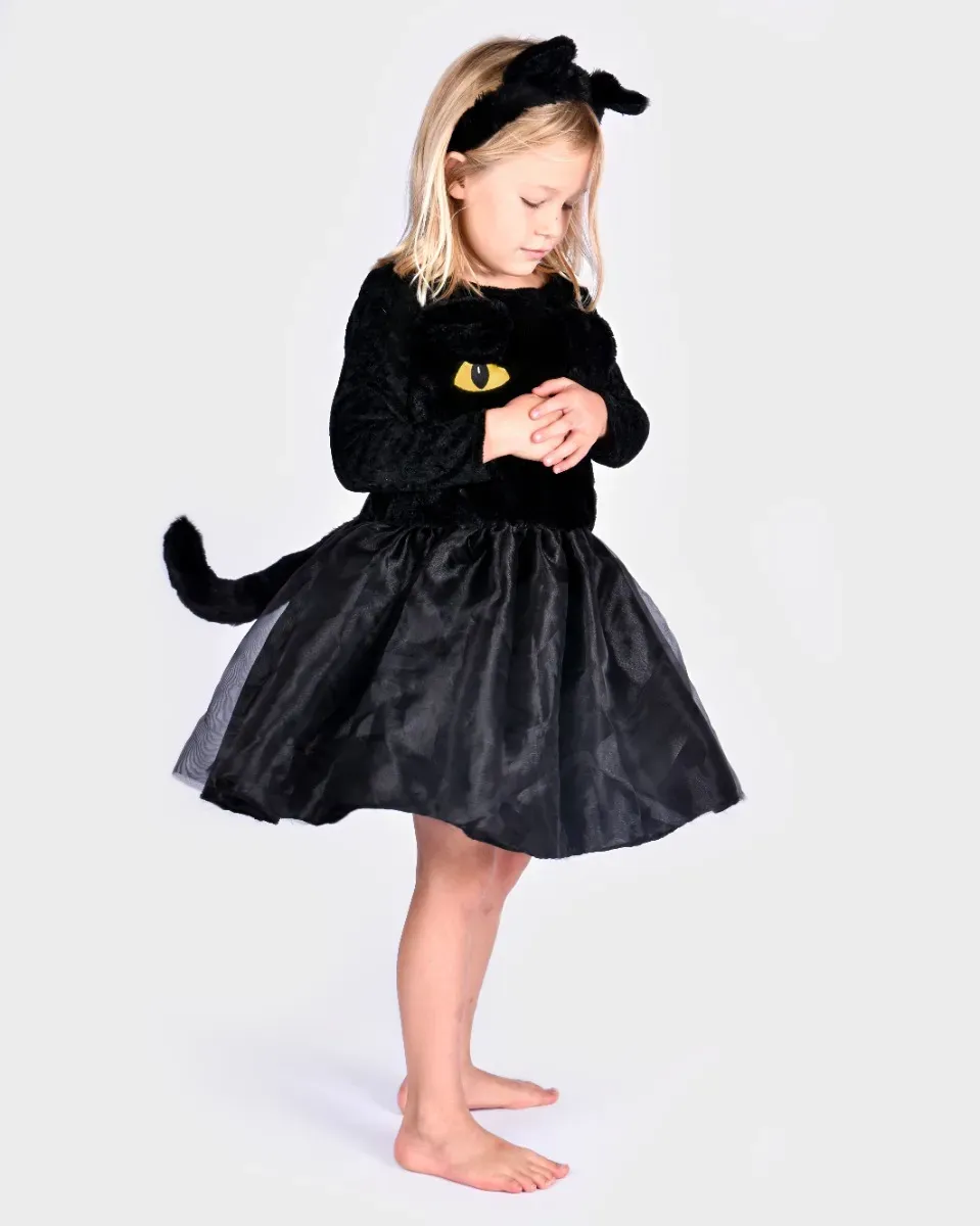 Katzenkostüm Kinder 4-6 Jahre schwarz Polyestermix mit Kleid und Haarreif - Den Goda Fen - Klettverschluss, elastische Bündchen