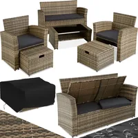 tectake Polyrattan Garten Sitzgruppe für 4 Personen mit Hocker, Rattan Gartenmöbel Set mit eingebauter Auflagenbox in der Sitzbank, Garten und Balkon Möbel - Natur