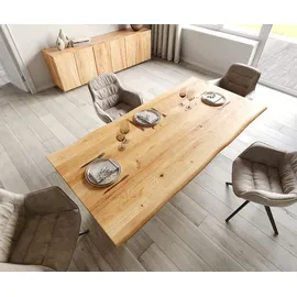 DeLife Esstisch Edge 200x100x2,5-3 Eiche Natur V-Gestell Flachstahl Schwarz Live-Edge - Hellbraun