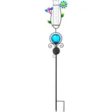 Bonetti Regenmesser mit LED Beleuchtung für den Garten, 2-in-1 Funktion, Metall-Erdspieß, farbige Glaskugel in Bruchglas-Optik, Niederschlagsmesser aus Glas (blau mit Libelle & Blume)