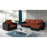 Fun Möbel Ecksofa Set COLLIN Ottomane Rechts + Sessel Schwarz / Dunkelorange - Schwarz