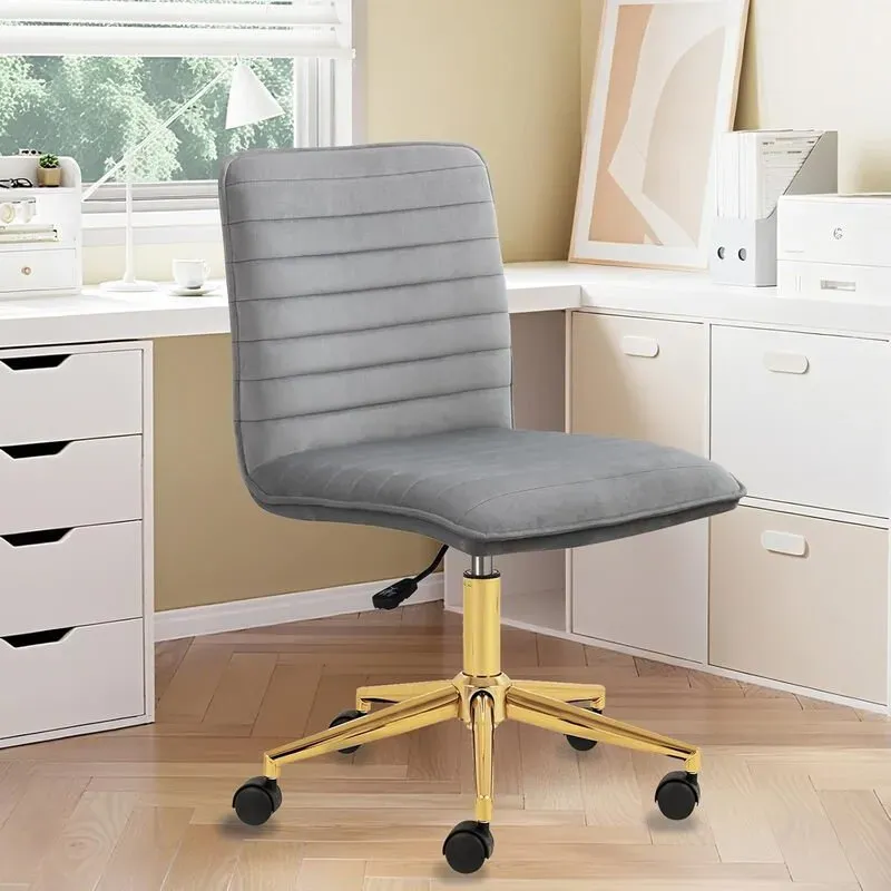 Hellove Schminkstuhl mit Rollen, Samt-Drehstuhl, Höhe einstellbar mit goldenem Metallfuß, armloser Schminktischstuhl, Schemel mit Rückenlehne für Schlafzimmer, Ankleidezimmer, Grau