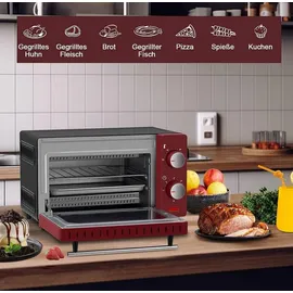 Woltu Minibackofen 10 Liter, 650 Watt Toasterofen, Kleiner elektrischer Backofen, 100-230 °C, 60 Min, Ober- und Unterhitze, mit Backblech Grillrost Entnahmegriff, Rot+Schwarz