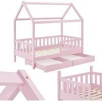 Juskys Kinderbett Marli 90 x 200 cm mit Matratze, Bettkasten, Lattenrost & Dach - Bett Rosa