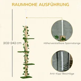 PawHut Kratzbaum, Katzenkratzbaum Deckenhoch, 202-242 cm, Kletterbaum, Katzenbaum Höhenverstellbar, Spielbaum mit Kippschutz, Jute, Grün+Gelb