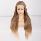 Ombre Braun Blonde Lace Front Perücke 13x4 Lace mit flauschigen Yaki Lange Gerade Synthetische Spitze Perücke für Frauen 24in