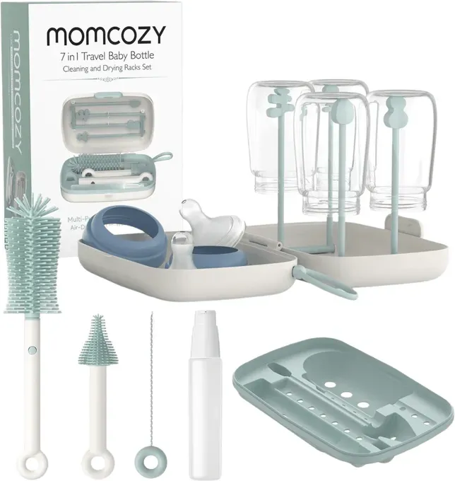 Momcozy 7-in-1 tragbares Babyflaschen-Reinigungsbürsten-Set LS001 Grün Silikon-Sauger-Bürste Trinksauger-Bürste Faltbarer Trockengestell Lebensmittelechter Material Reise-Aufbewahrungsbox Geschenk für Mütter